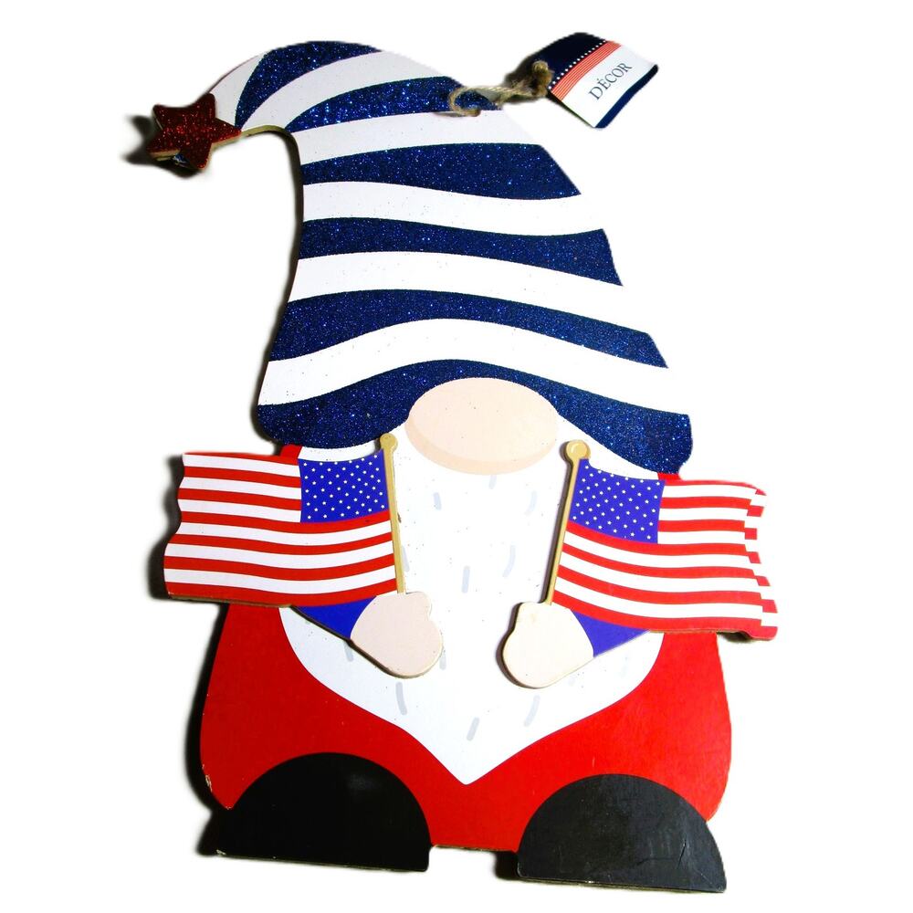 Patriotic Gnome Decor 14” Wood Cutout Holding Two Flags Americana Wall Decor